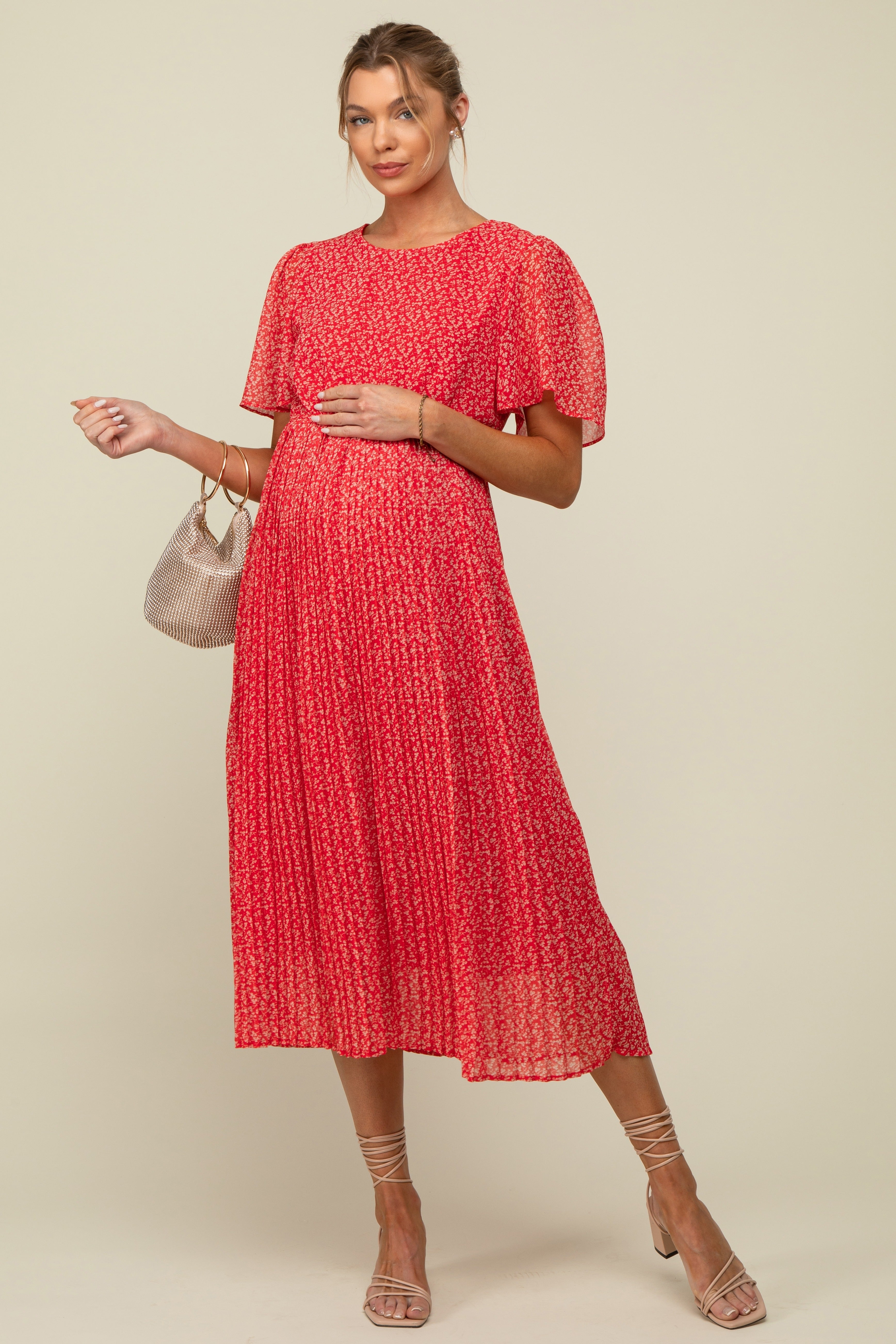 Red Floral Pleated Maternity Midi Dress