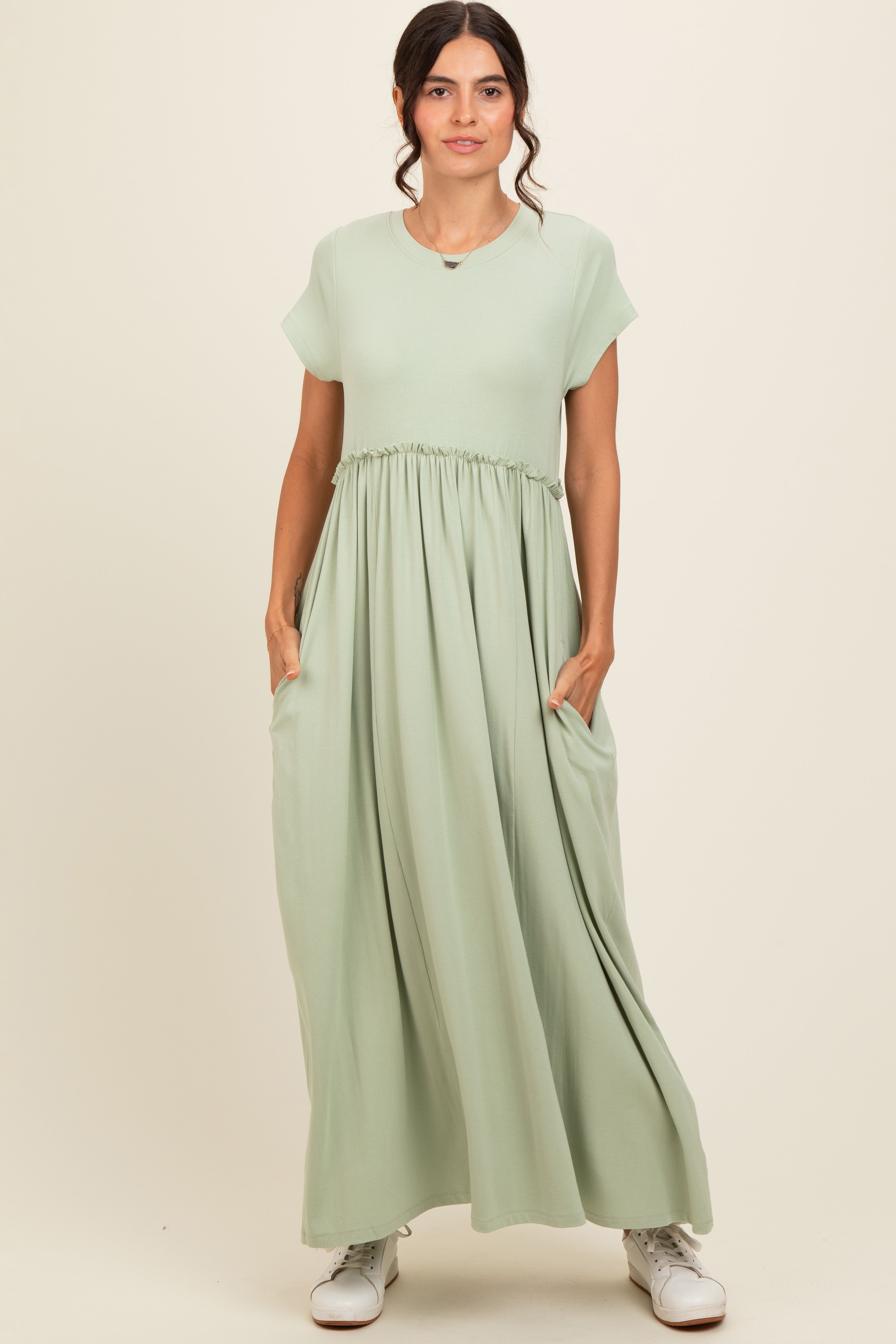 Light Olive Ruffle Trim Maternity Maxi Dress