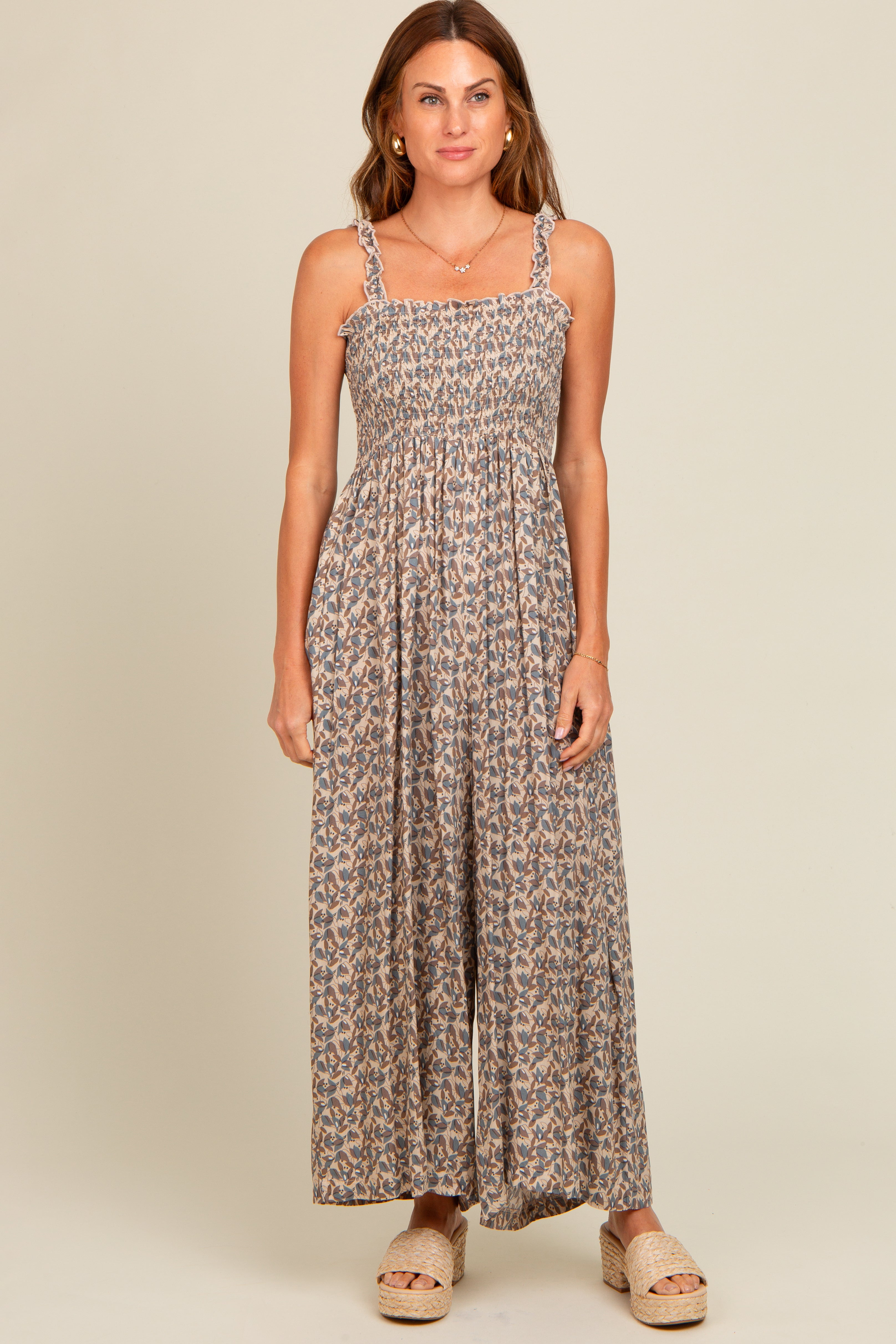 Taupe Printed Smocked Wide Leg Maternity Jumpsuit