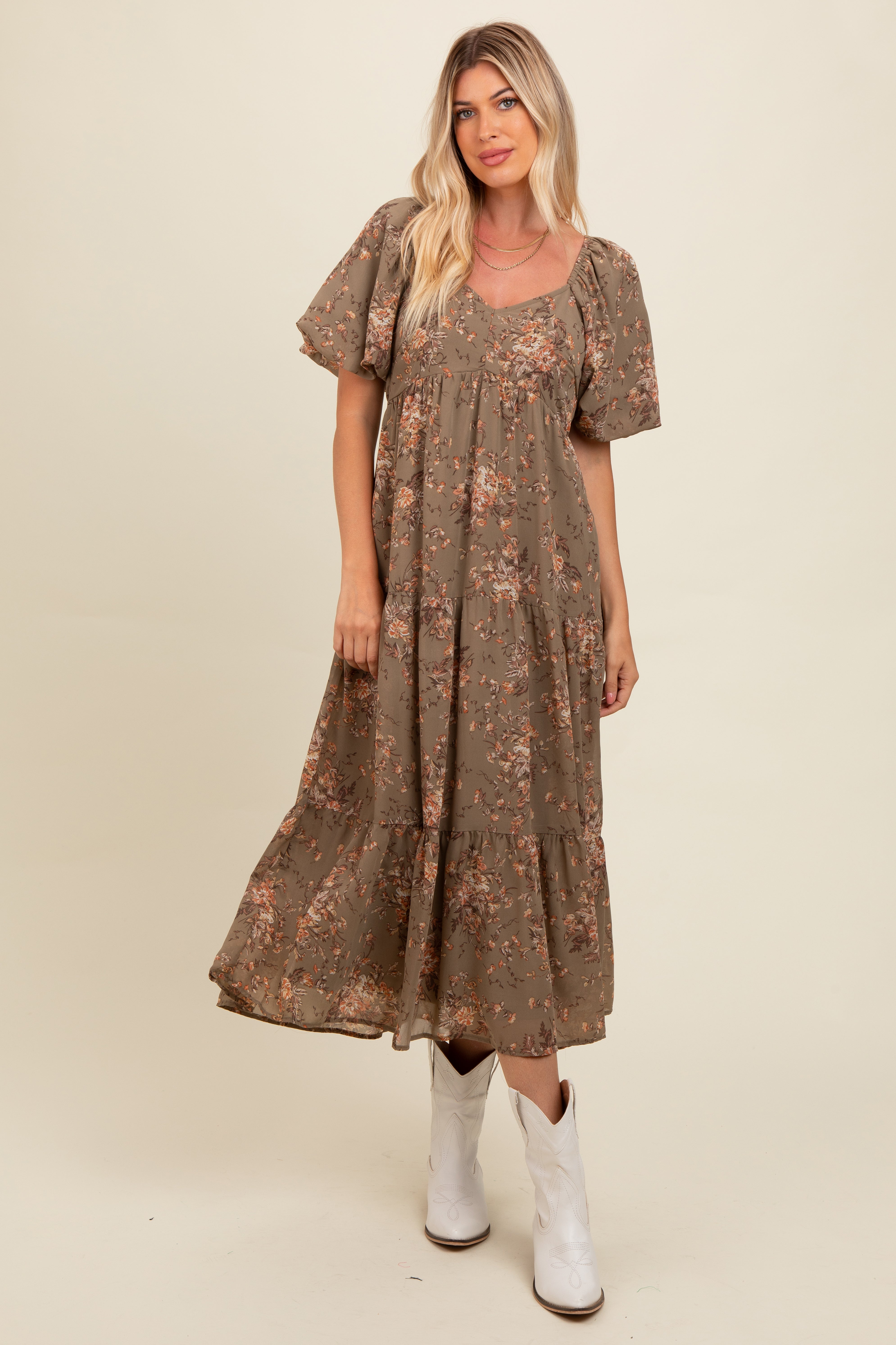 Olive Floral Tiered Puff Sleeve Maternity Maxi Dress