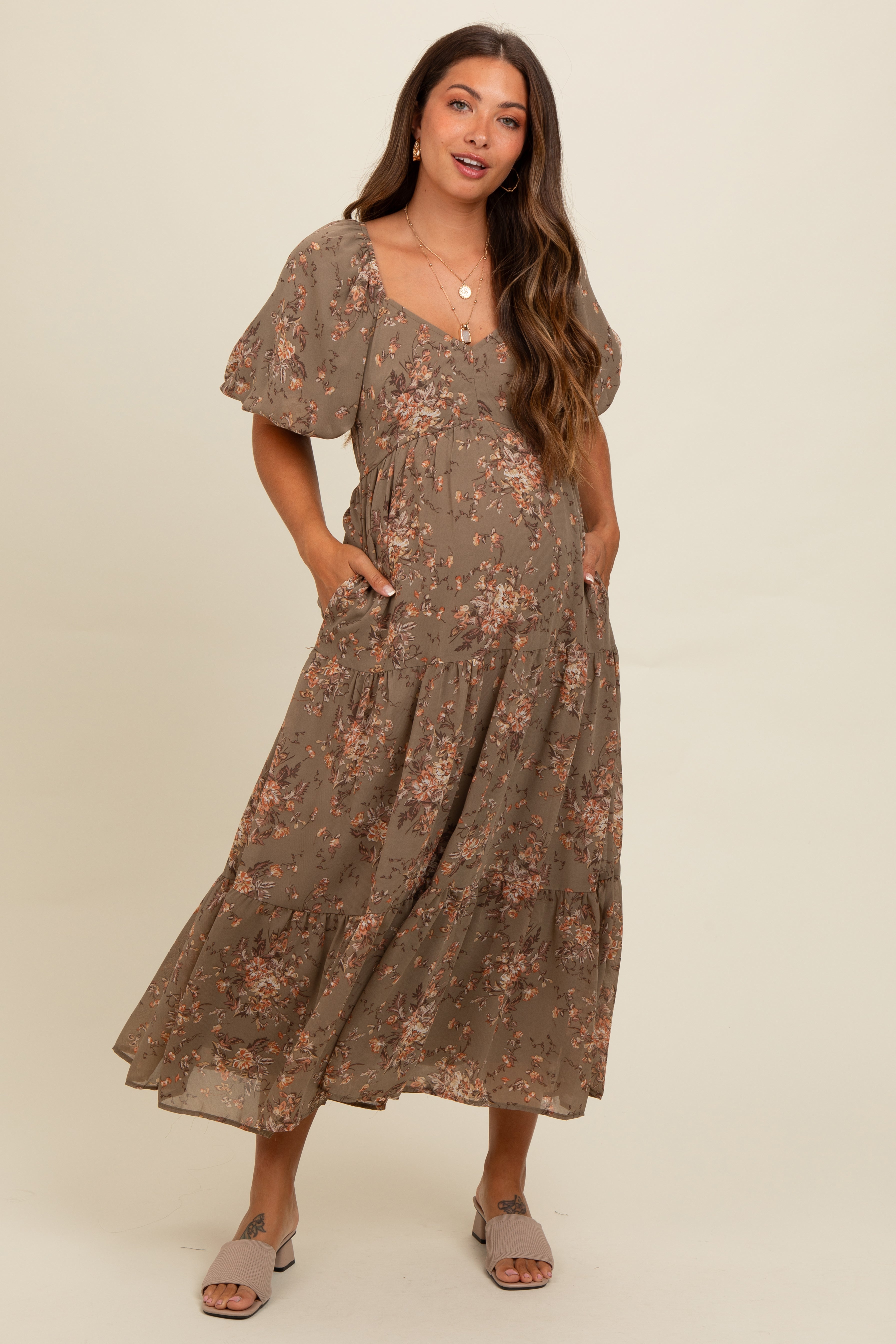Olive Floral Tiered Puff Sleeve Maternity Maxi Dress