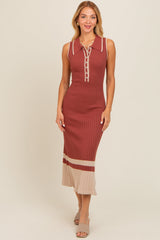 Rust Knit Button Front Contrast Border Maternity Midi Dress