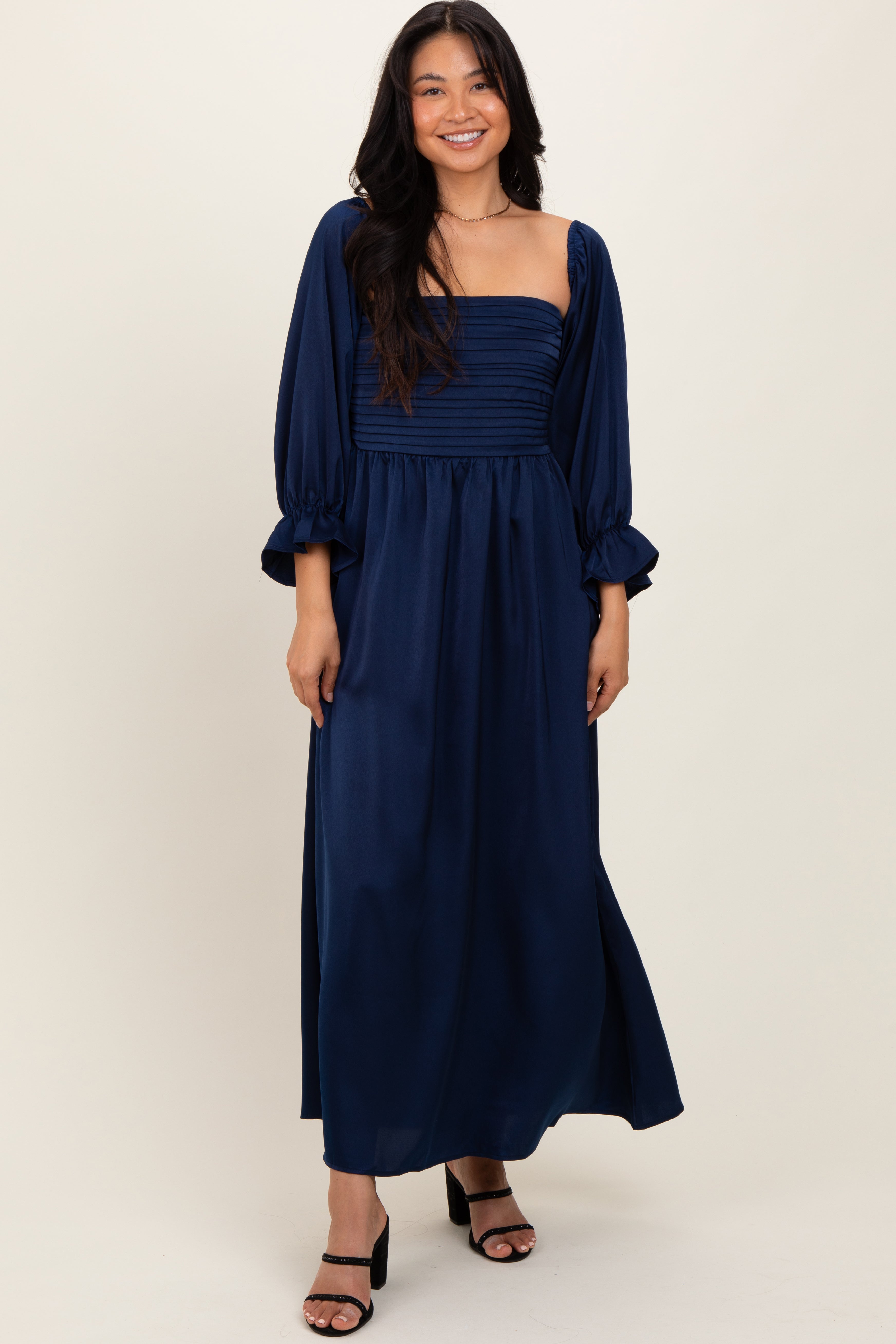 Navy Off Shoulder Satin Pleated Bodice Maternity Maxi Dress