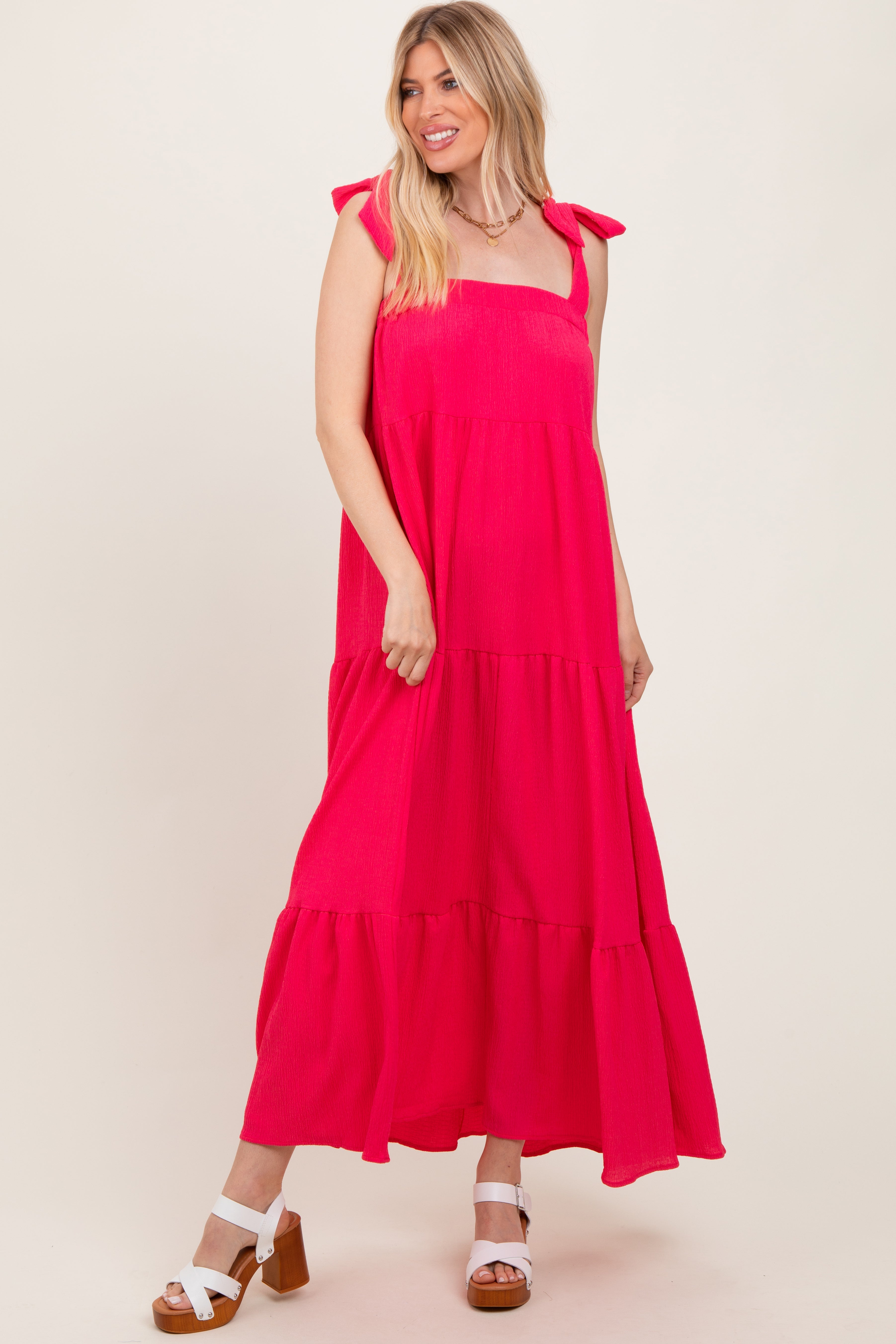 Red Shoulder Tie Tiered Maternity Maxi Dress