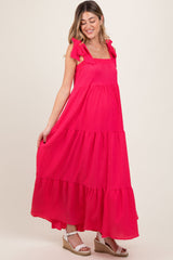 Red Shoulder Tie Tiered Maternity Maxi Dress