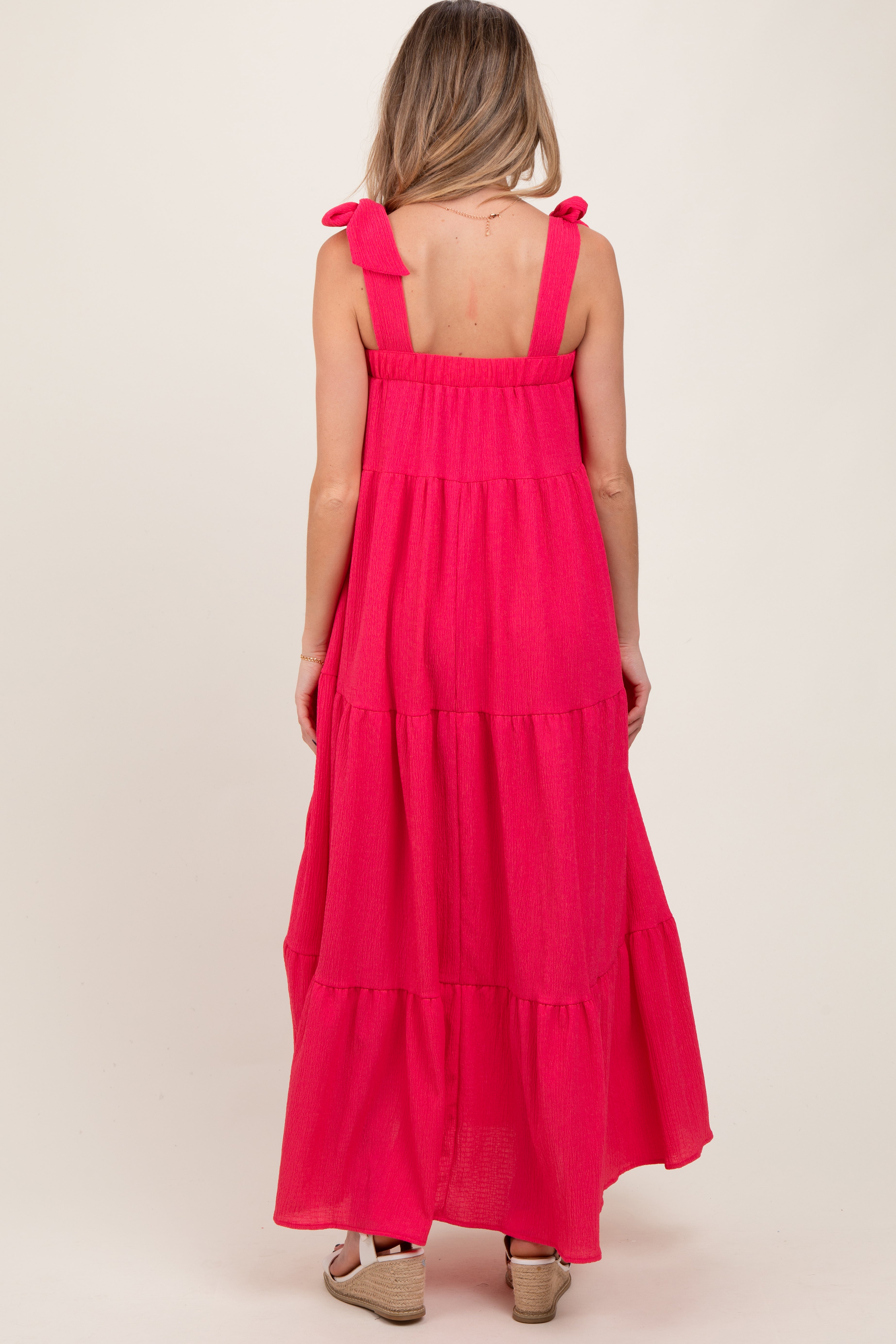 Red Shoulder Tie Tiered Maternity Maxi Dress