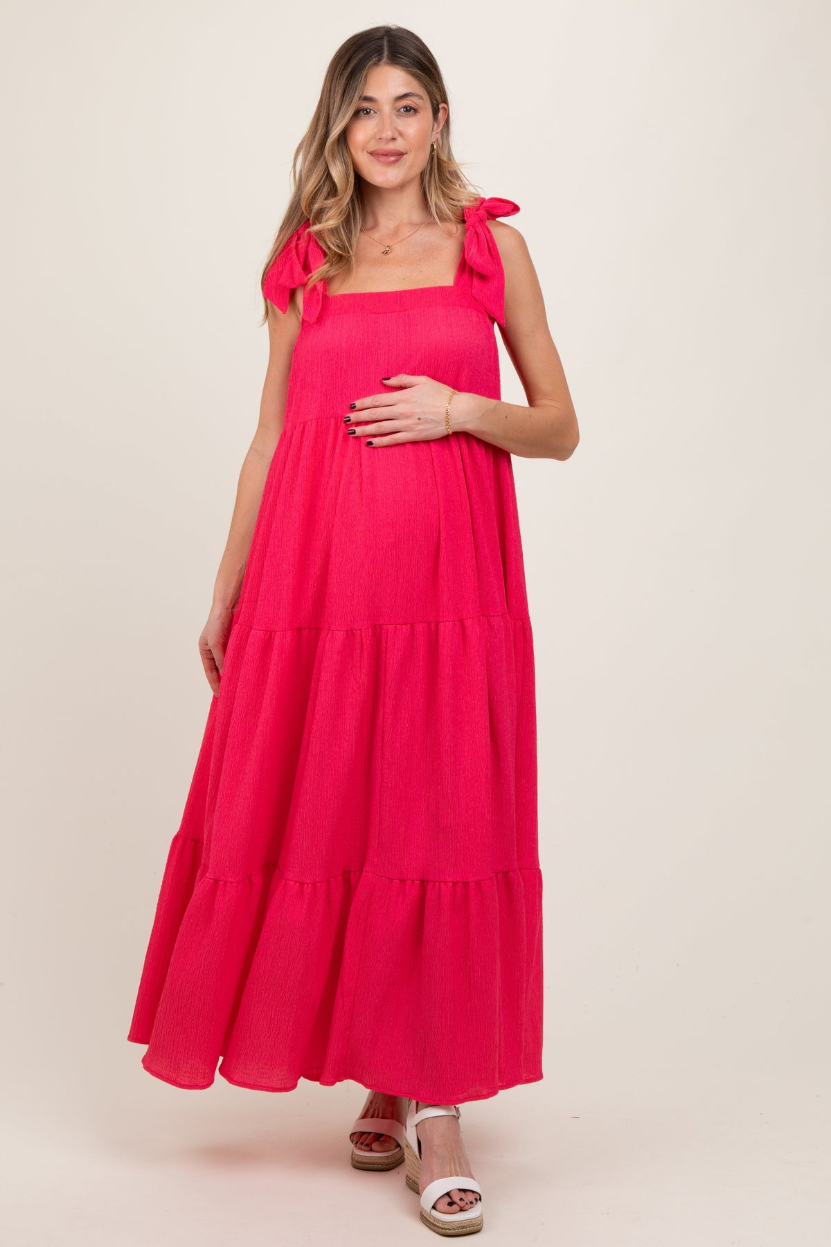 Red Shoulder Tie Tiered Maternity Maxi Dress