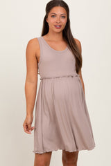 Taupe Ribbed Sleeveless Lettuce Trim Maternity Mini Dress