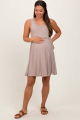 Taupe Ribbed Sleeveless Lettuce Trim Maternity Mini Dress