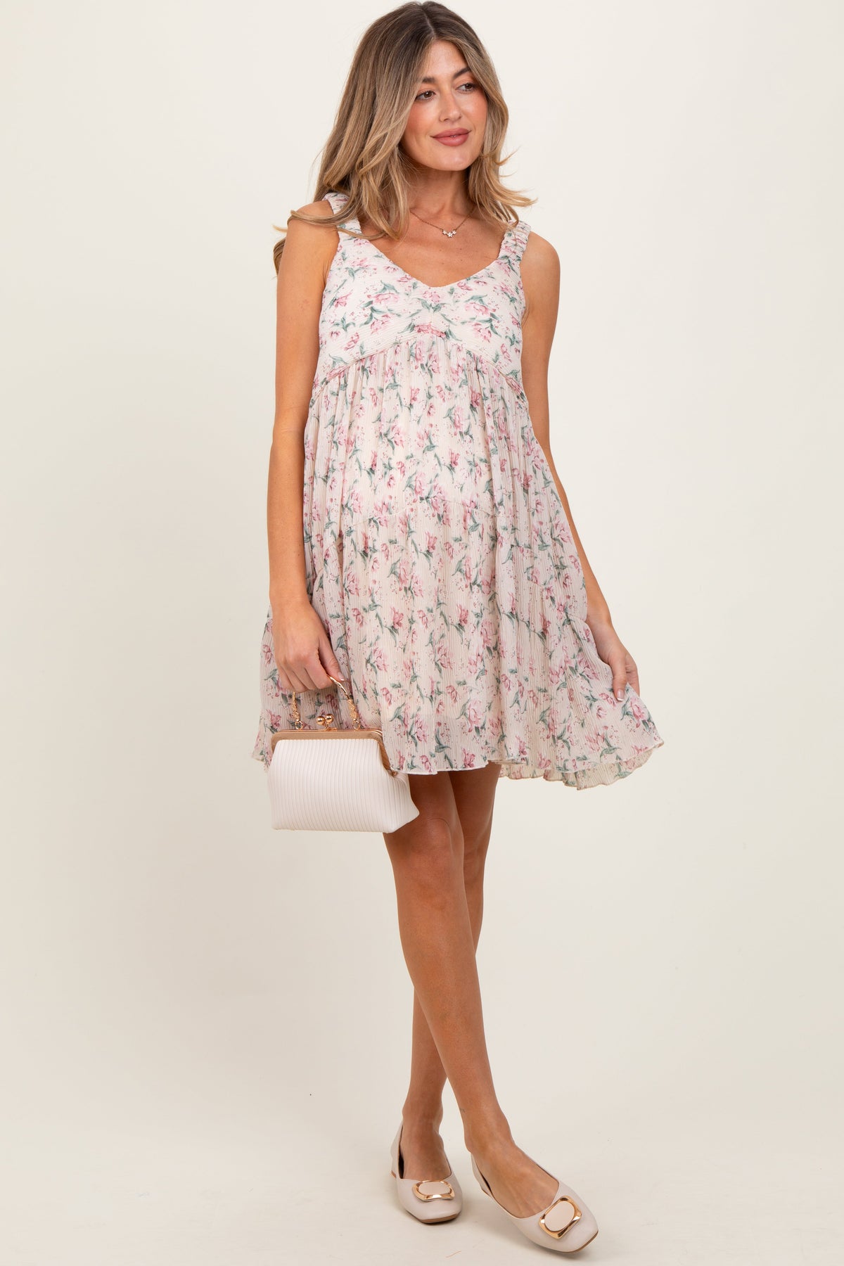 Pink Floral Plisse Texture Maternity Mini Dress