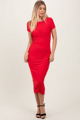 Red Ruched Bust Short Sleeve Maternity Maxi Dress