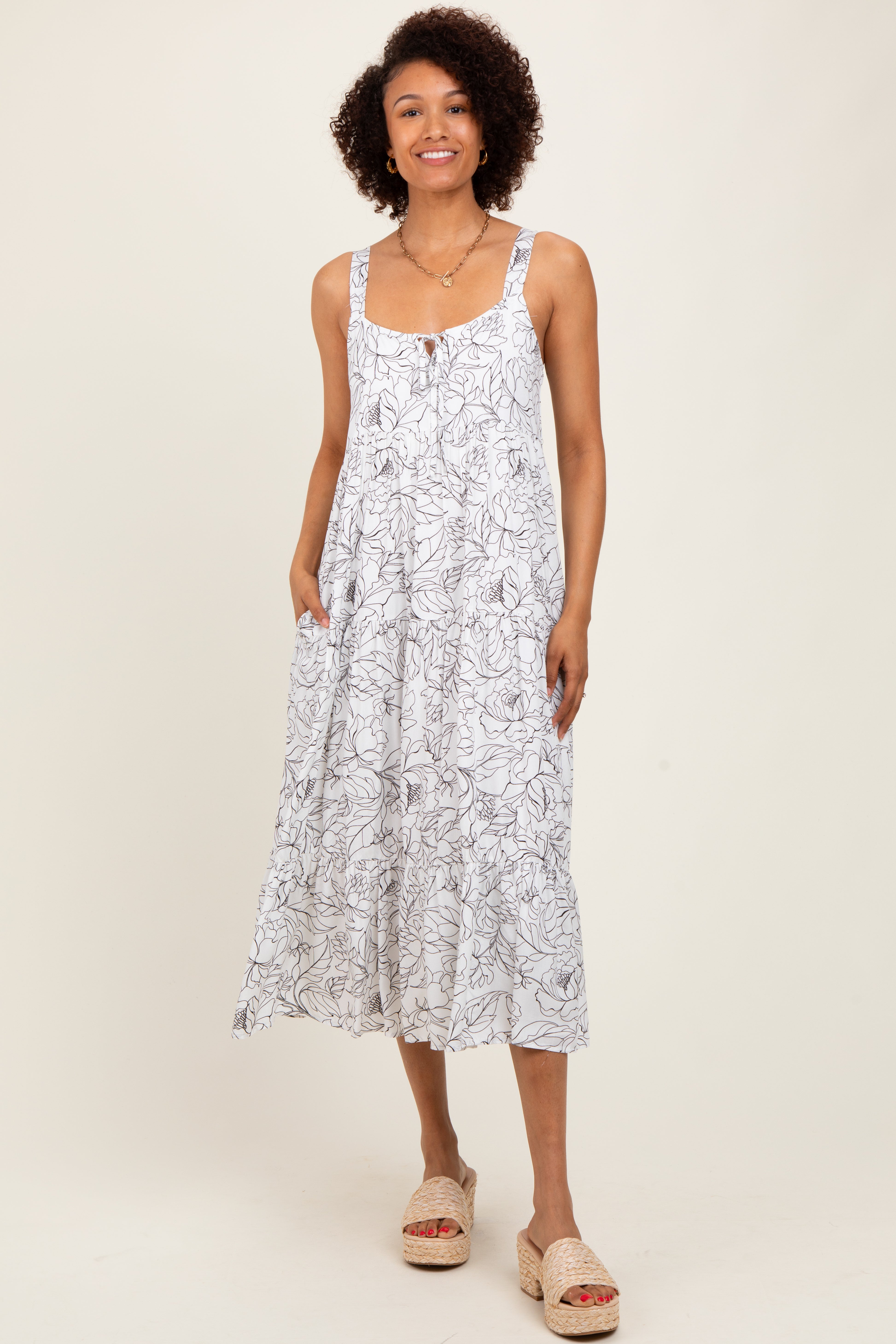 White Floral Outline Print Sleeveless Maternity Midi Dress