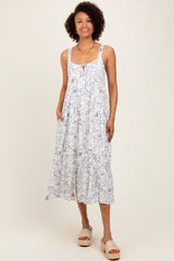White Floral Outline Print Sleeveless Maternity Midi Dress