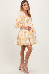 Yellow Floral Smocked Bubble Sleeve Tiered Maternity Dress