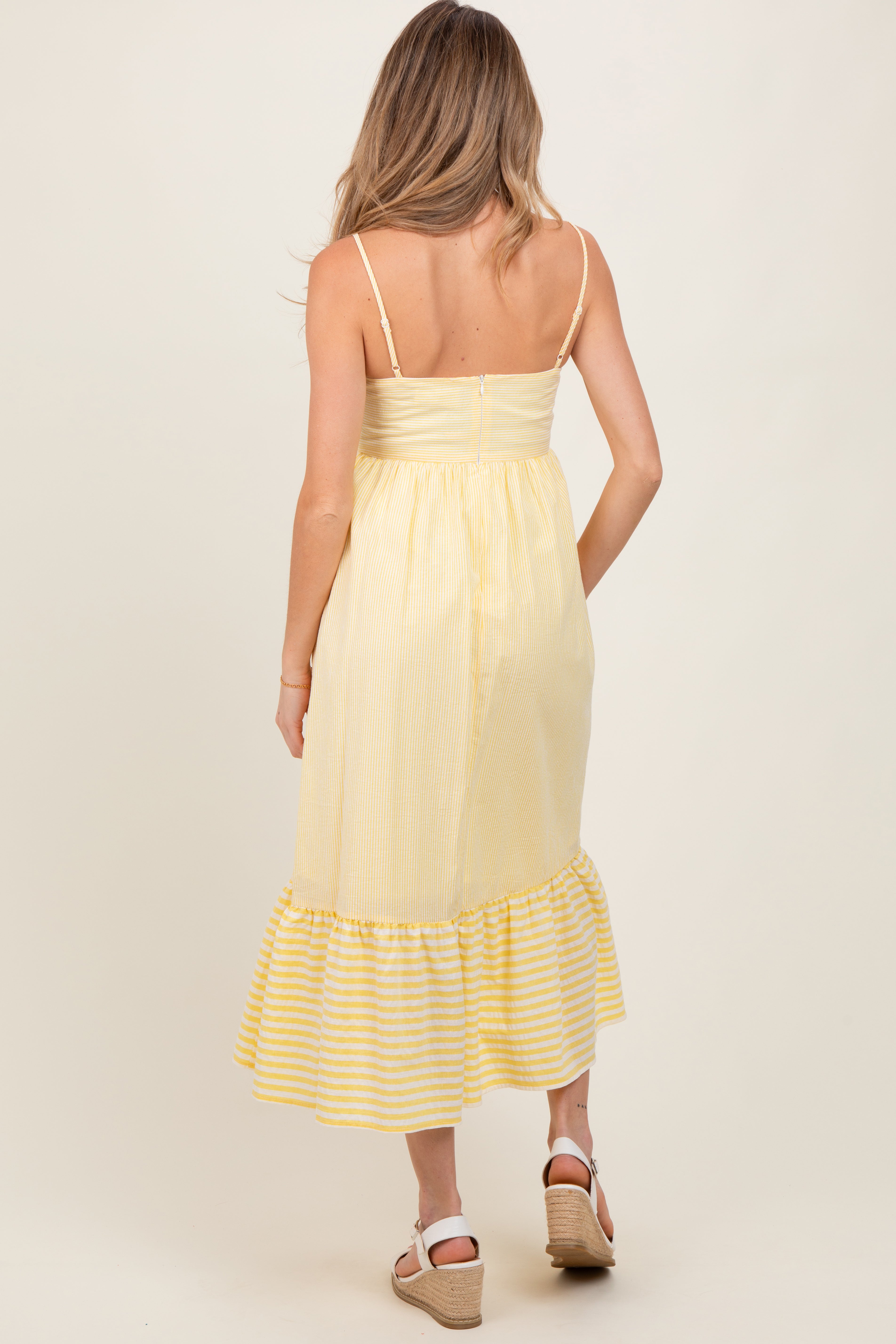 Yellow Embroidered Striped Colorblock Maternity Midi Dress