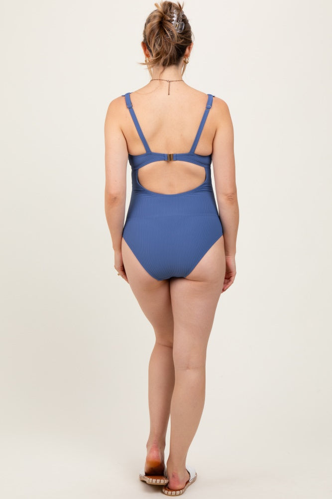 Blue Scallop Trim Maternity One Piece Swimsuit