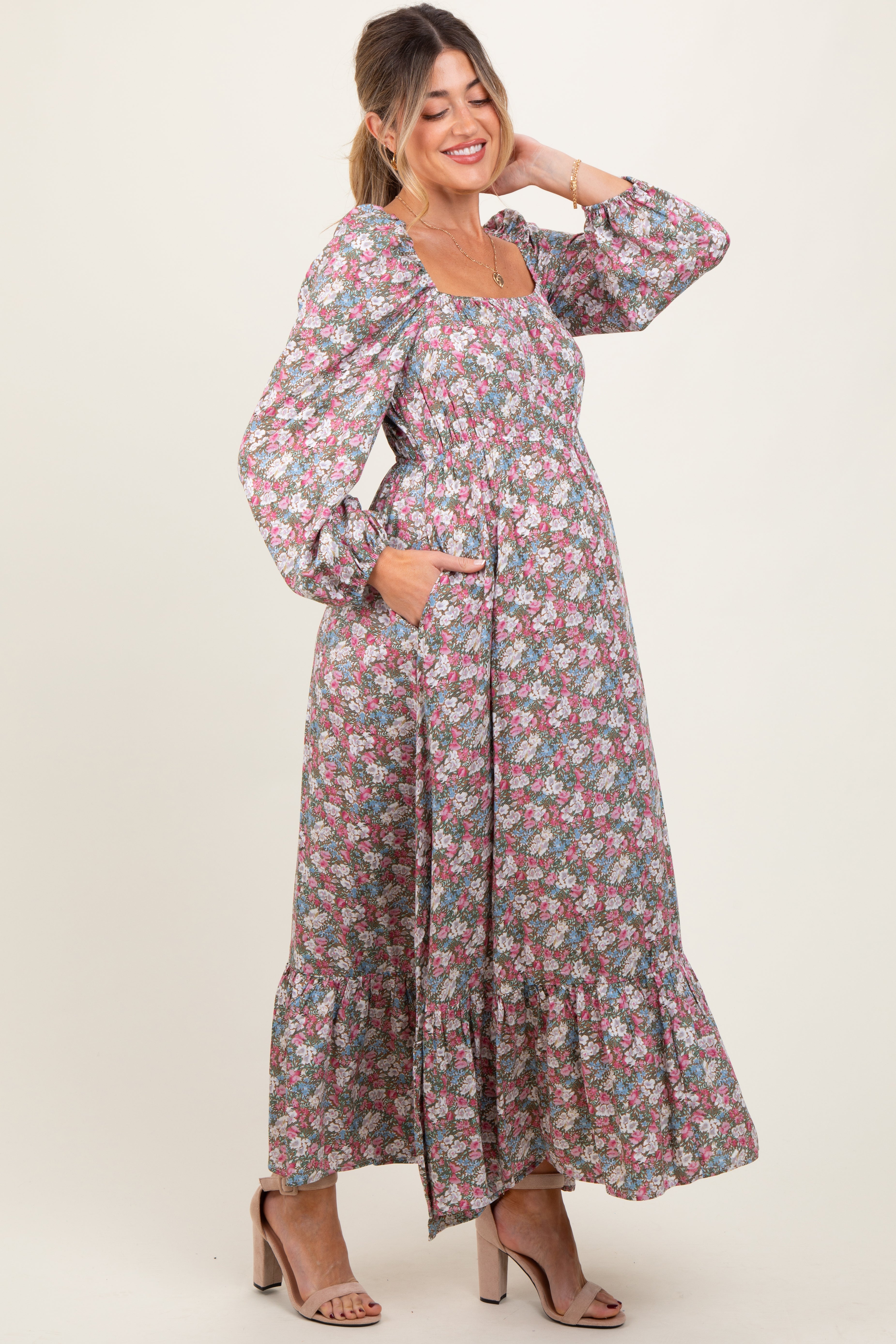 Pink Floral Reversible Long Sleeve Maternity Maxi Dress