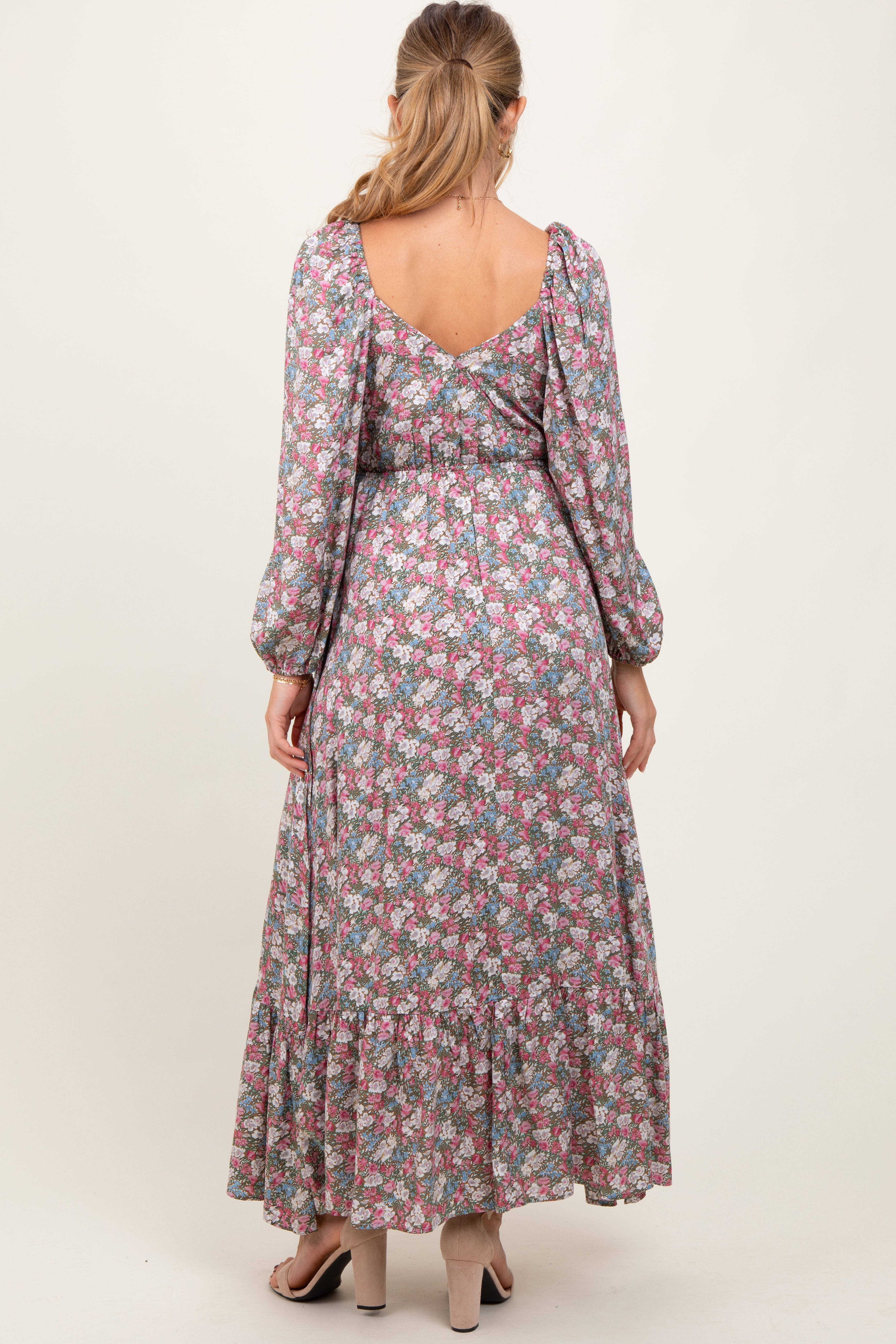 Pink Floral Reversible Long Sleeve Maternity Maxi Dress