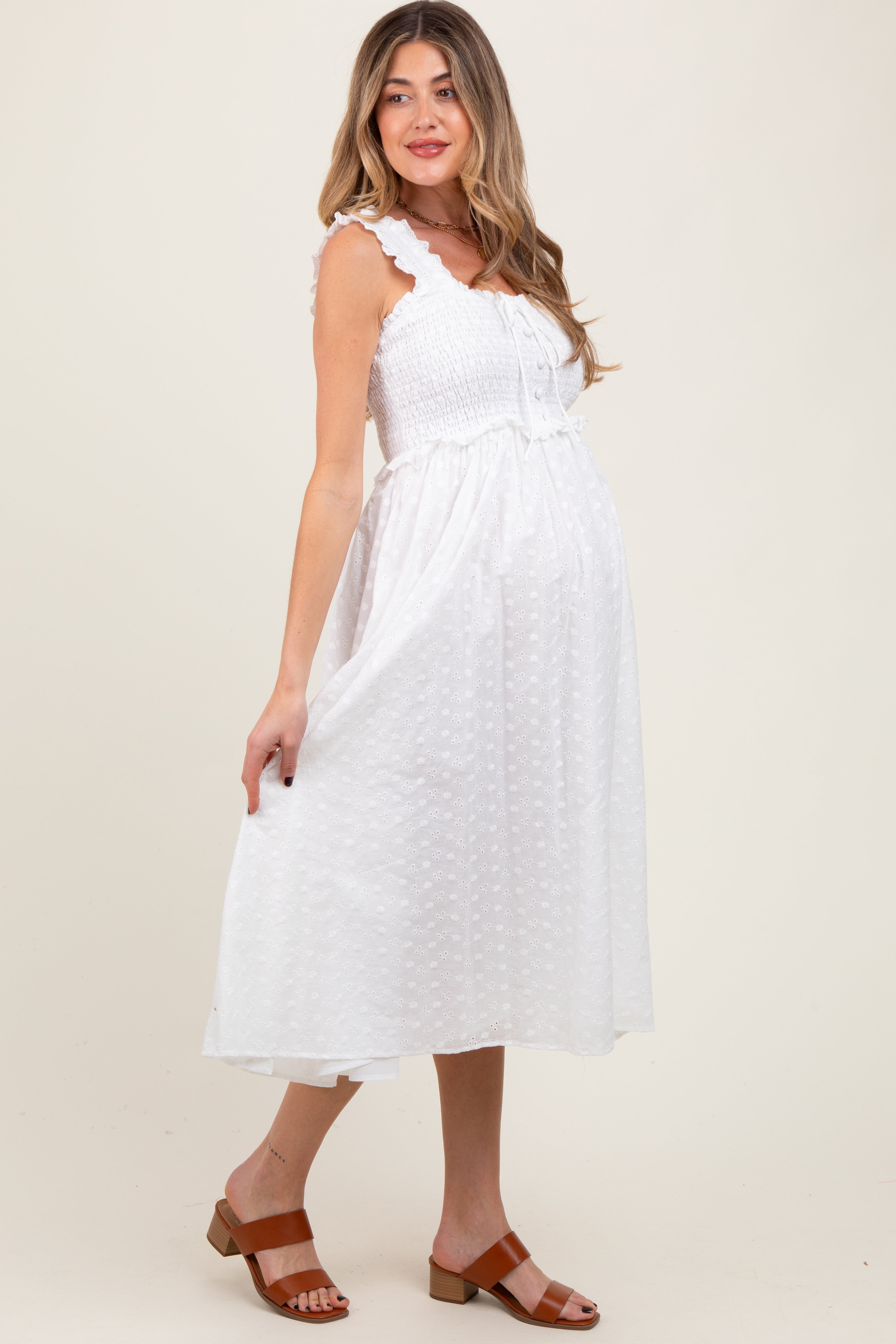 White Eyelet Sleeveless Maternity Midi Dress