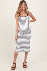 White Striped Knit Square Neck Maternity Midi Dress