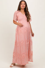 Pink Smocked Top Lace Maternity Maxi Dress