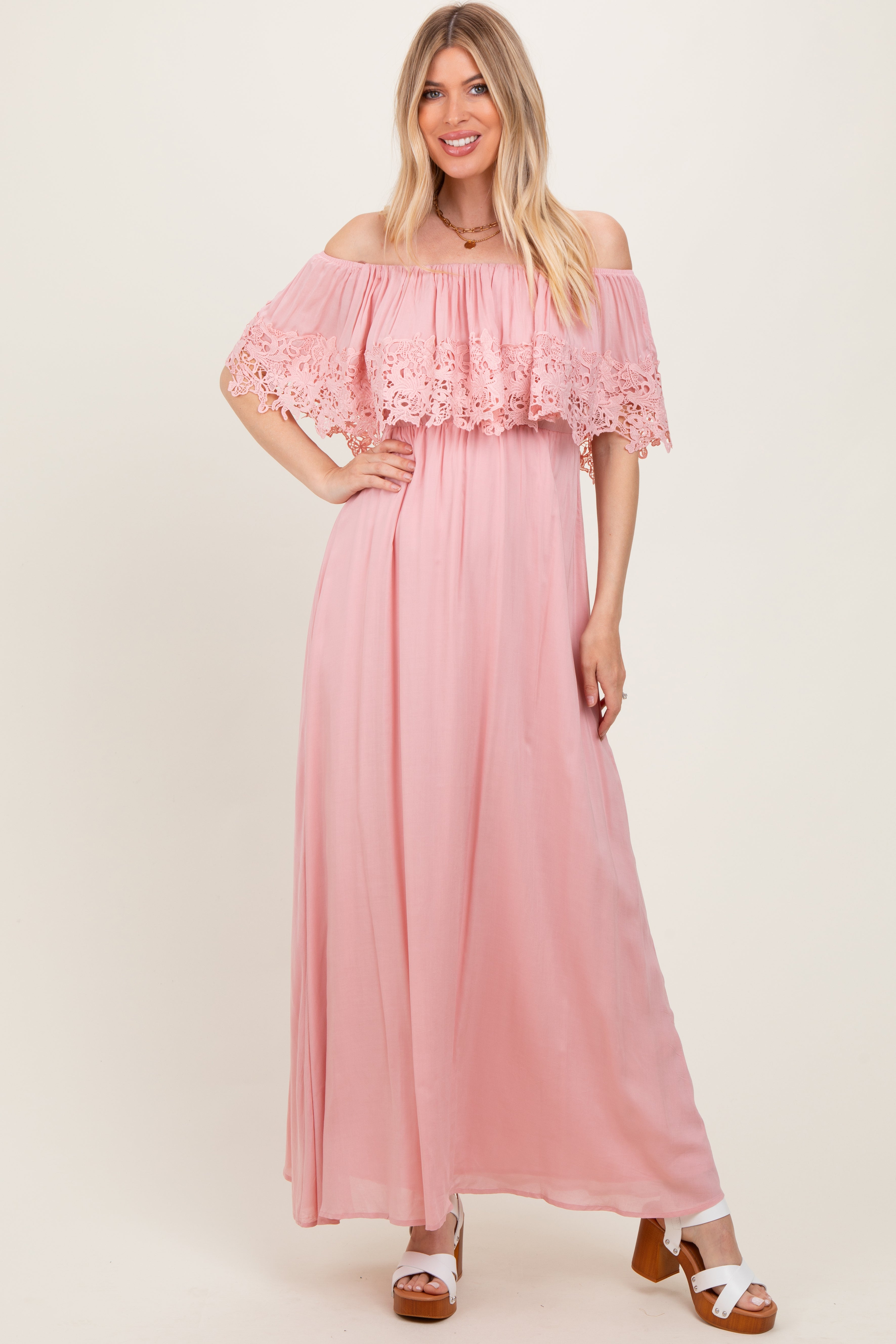 Pink Lace Off Shoulder Maternity Maxi Dress
