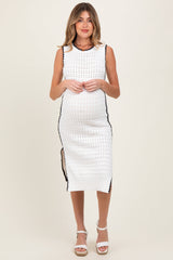 White Pointelle Contrast Trim Sweater Maternity Midi Dress