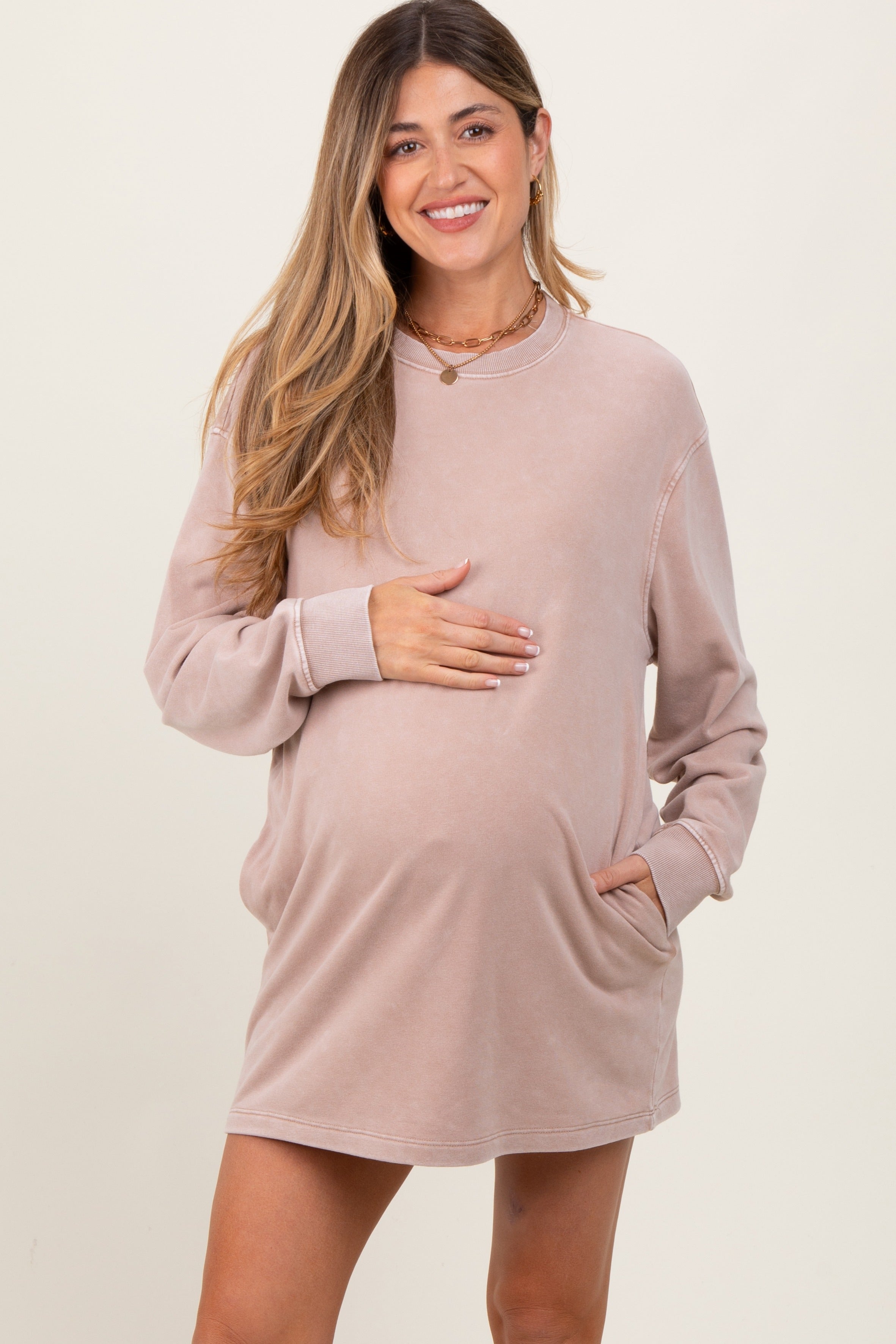 Taupe Long Sleeve Oversized Sweatshirt Maternity Mini Dress
