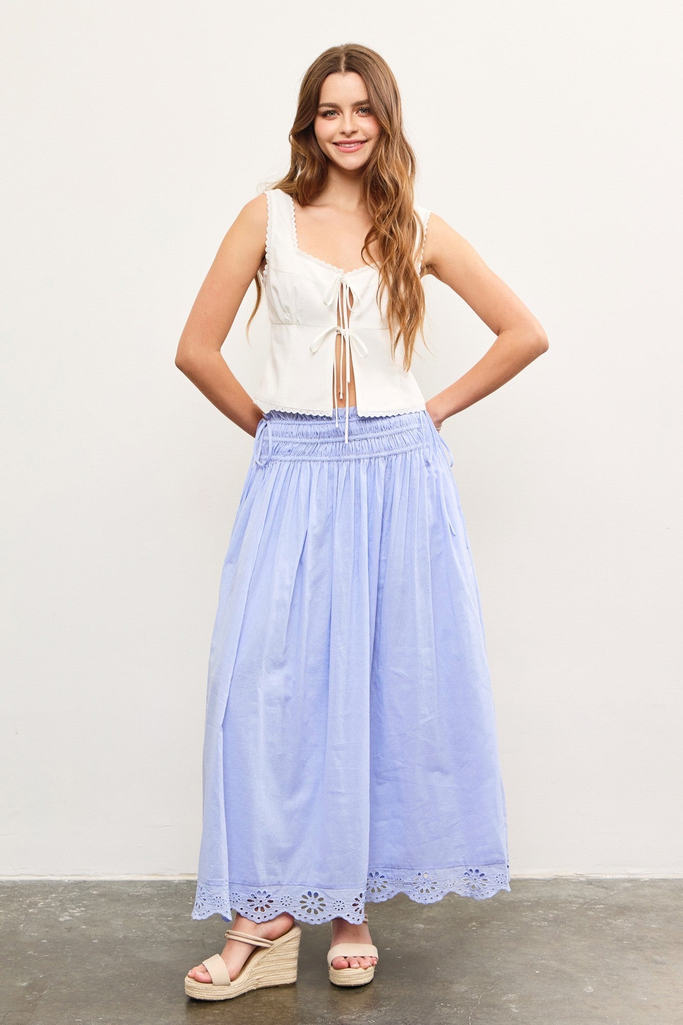 Periwinkle Smocked Waist Eyelet Lace Hem Maternity Maxi Skirt