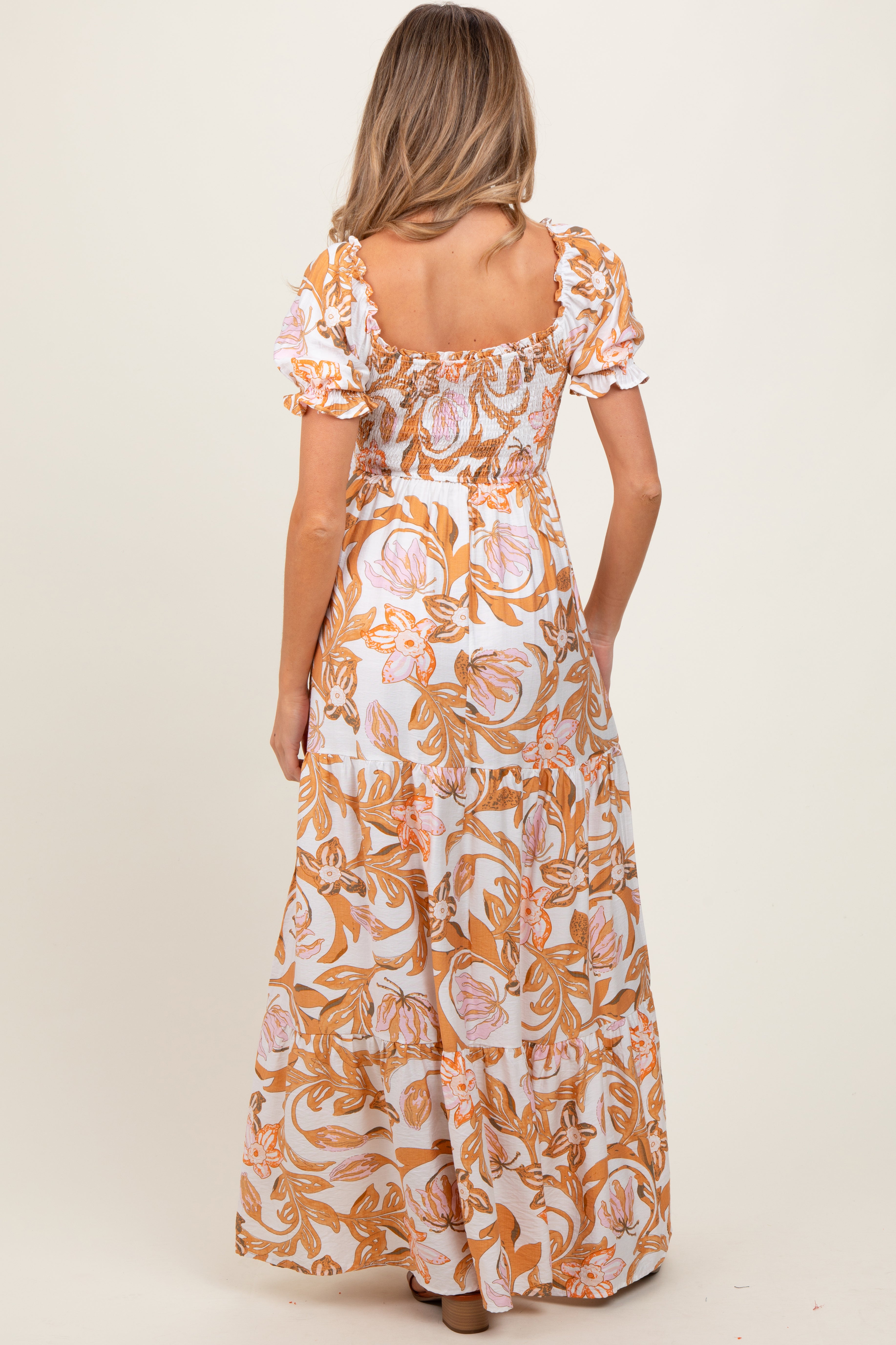 Taupe Floral Smocked Front Tie Maternity Maxi Dress