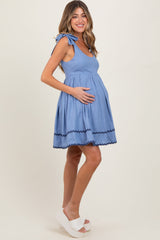 Blue Shoulder Bow Tie Pleated Maternity Mini Dress