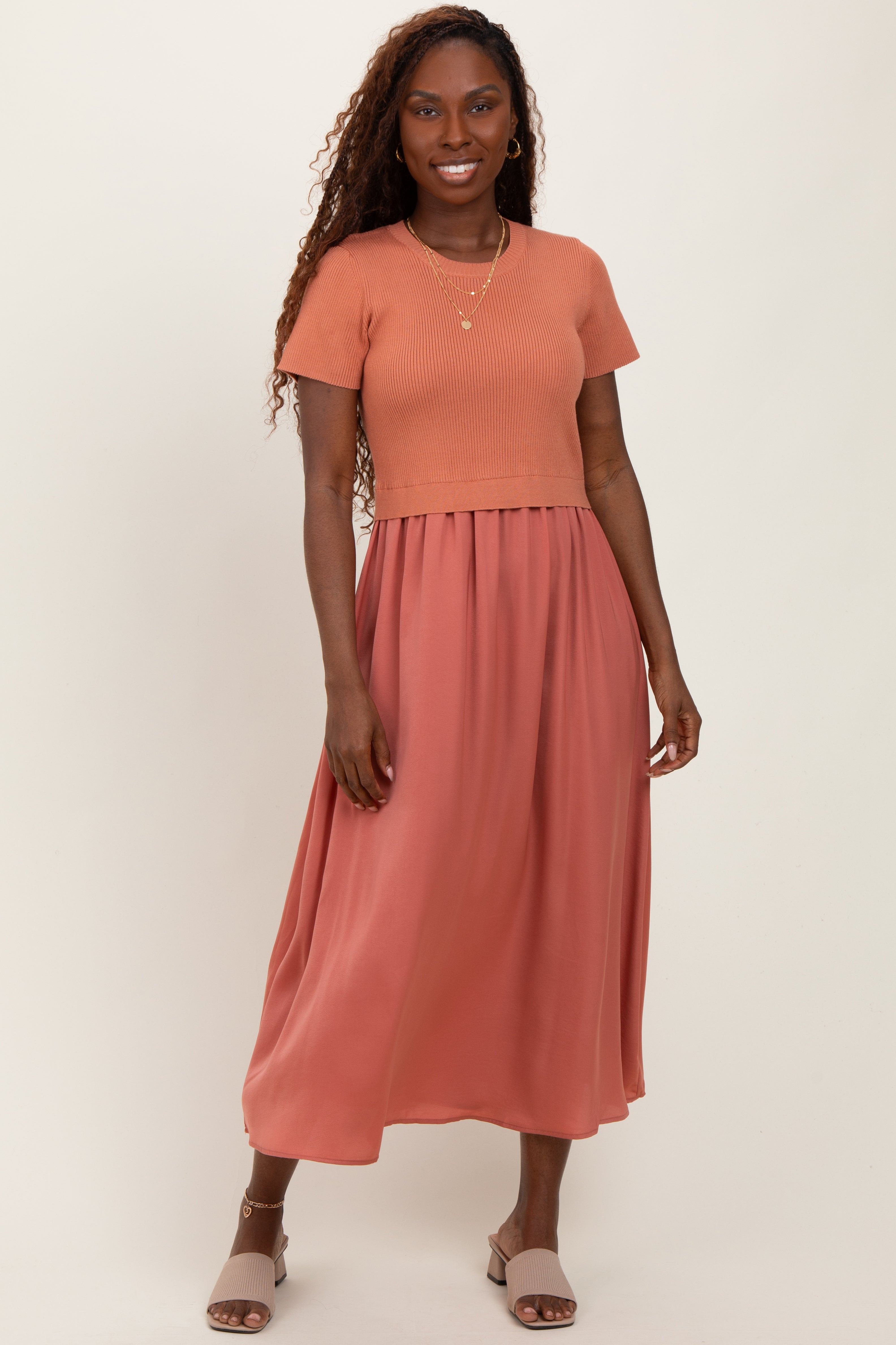 Rust Knit Contrast Top Satin Short Sleeve Maternity Midi Dress
