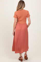 Rust Knit Contrast Top Satin Short Sleeve Maternity Midi Dress
