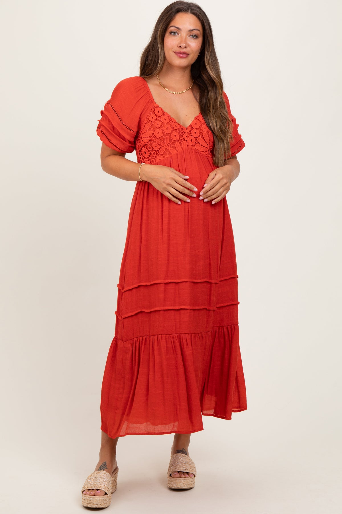 Rust Crochet Detail Bodice Maternity Midi Dress