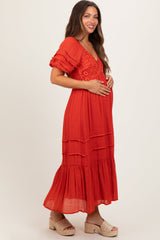 Rust Crochet Detail Bodice Maternity Midi Dress