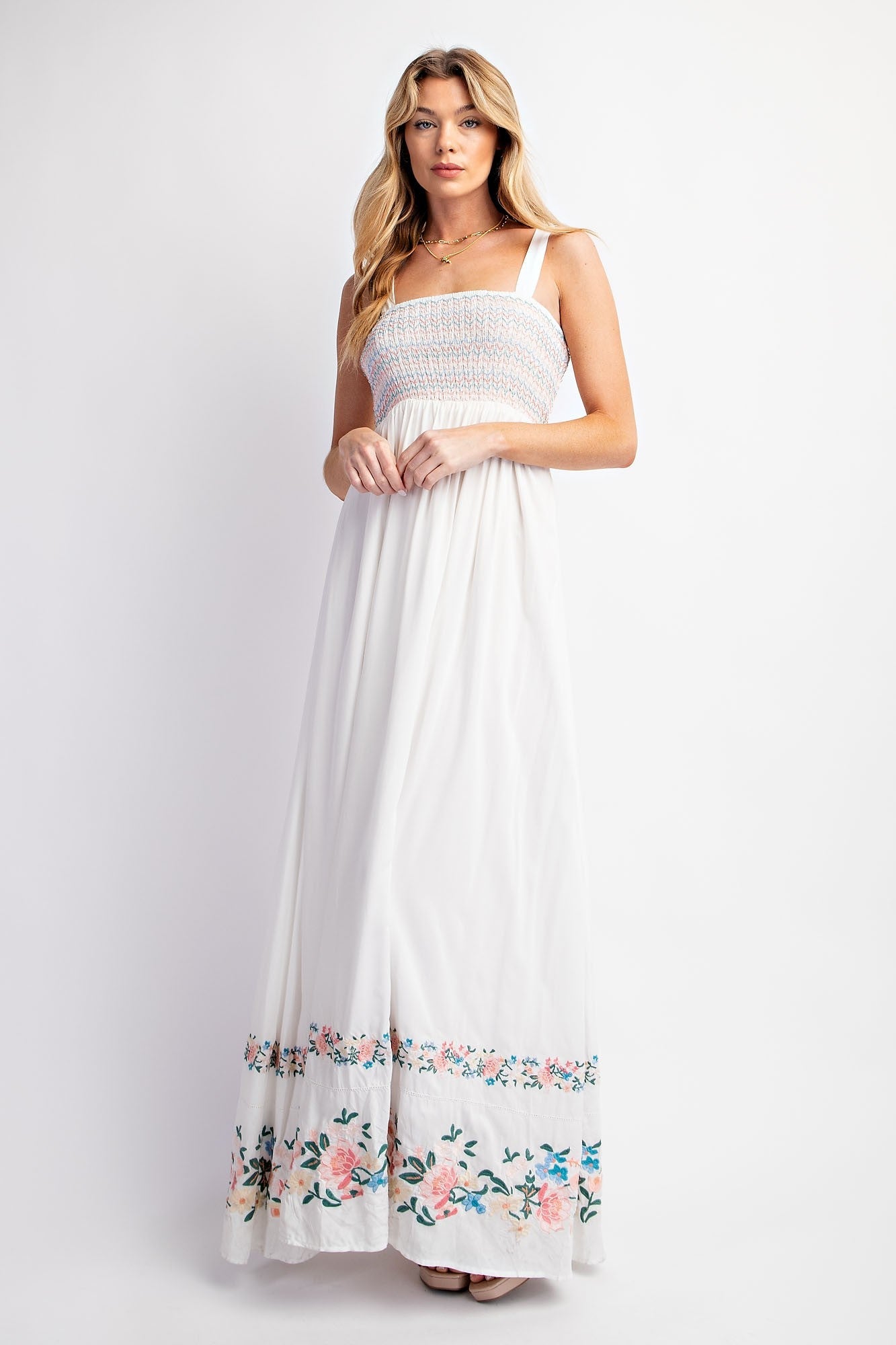 White Smocked Embroidered Floral Border Maternity Maxi Dress