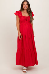 Red Layered Flutter Sleeve Tiered Maternity Maxi Dress