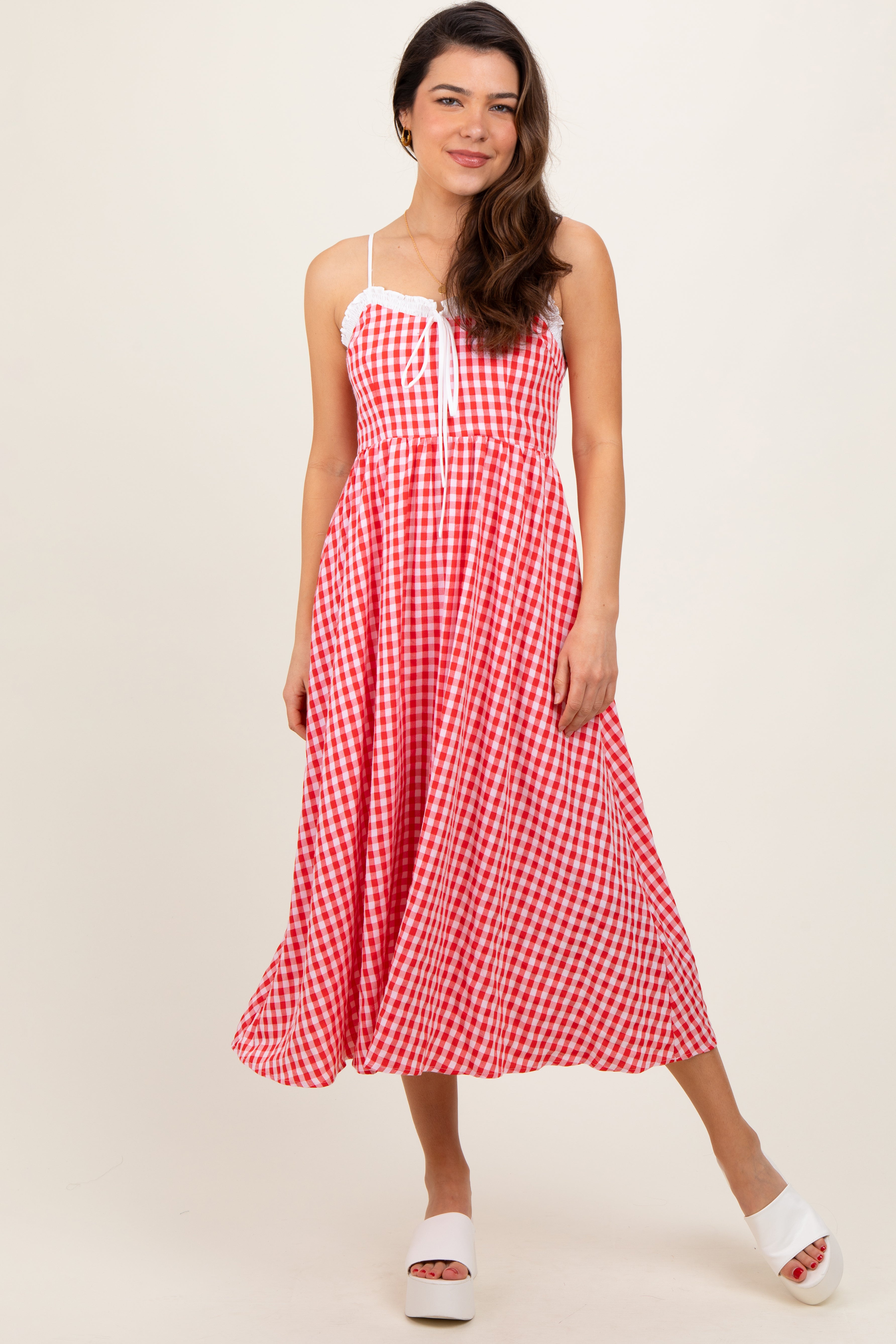 Red Gingham Smocked Trim Maternity Midi Dress