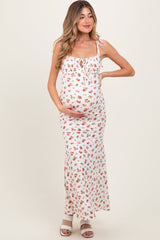 Red Ribbed Floral Shoulder Tie Maternity Maxi Dress