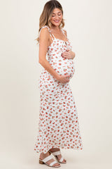 Red Ribbed Floral Shoulder Tie Maternity Maxi Dress