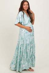 Sage Floral Short Sleeve Deep V-Neck Tiered Maternity Maxi Dress