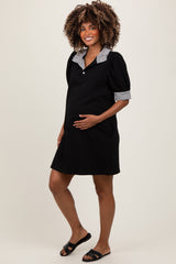 Black Mock Neck Contrast Striped Trim Maternity Mini Dress