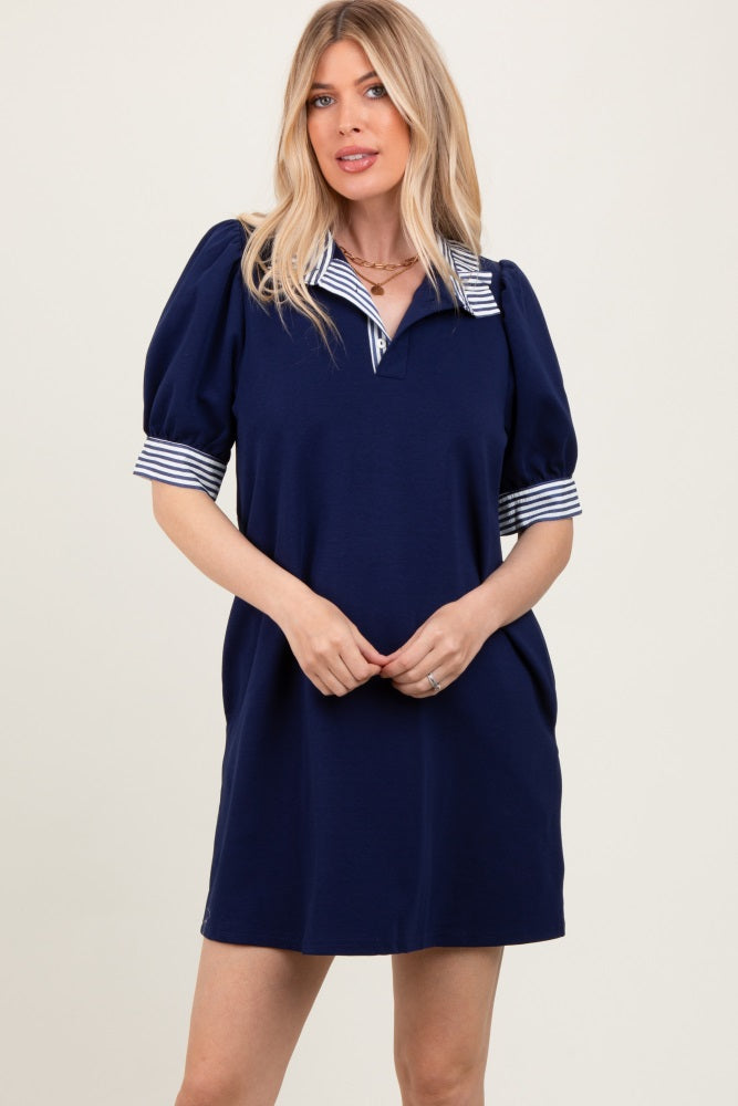 Navy Mock Neck Contrast Striped Trim Maternity Mini Dress