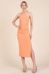 Peach Halter Tied Criss-Cross Ribbed Maternity Midi Dress