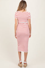 Red Striped Square Neck Short Sleeve Maternity Midi Dress