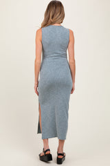 Teal Solid Ribbed Sleeveless Slit Maternity Maxi Dress