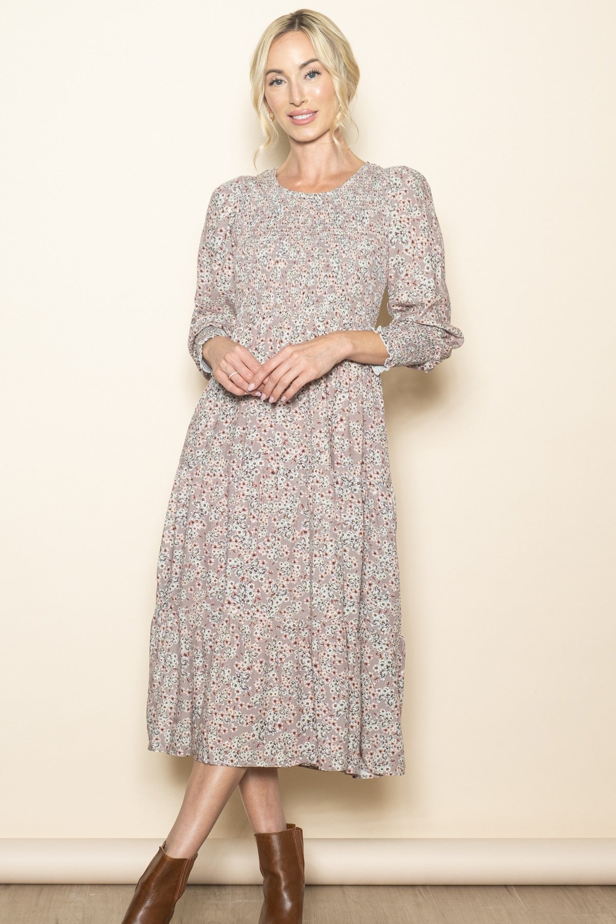 Taupe Floral Smocked Bubble Sleeve Maternity Midi Dress