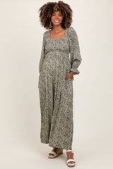 Olive Floral Long Sleeve Wide Leg Maternity Jumpsuit