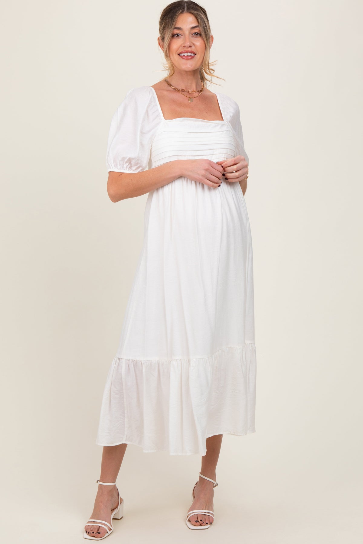 White Pleated Bodice Puff Sleeve Maternity Midi Dress