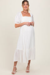 White Pleated Bodice Puff Sleeve Maternity Midi Dress